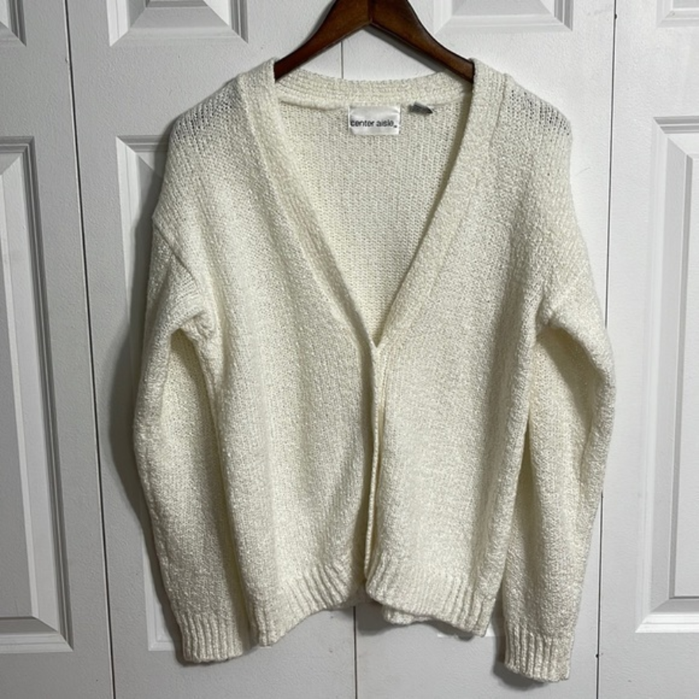 Center‎ Aisle Women Cream Textured V Neck Button Front Cardigan Sweater Size Med